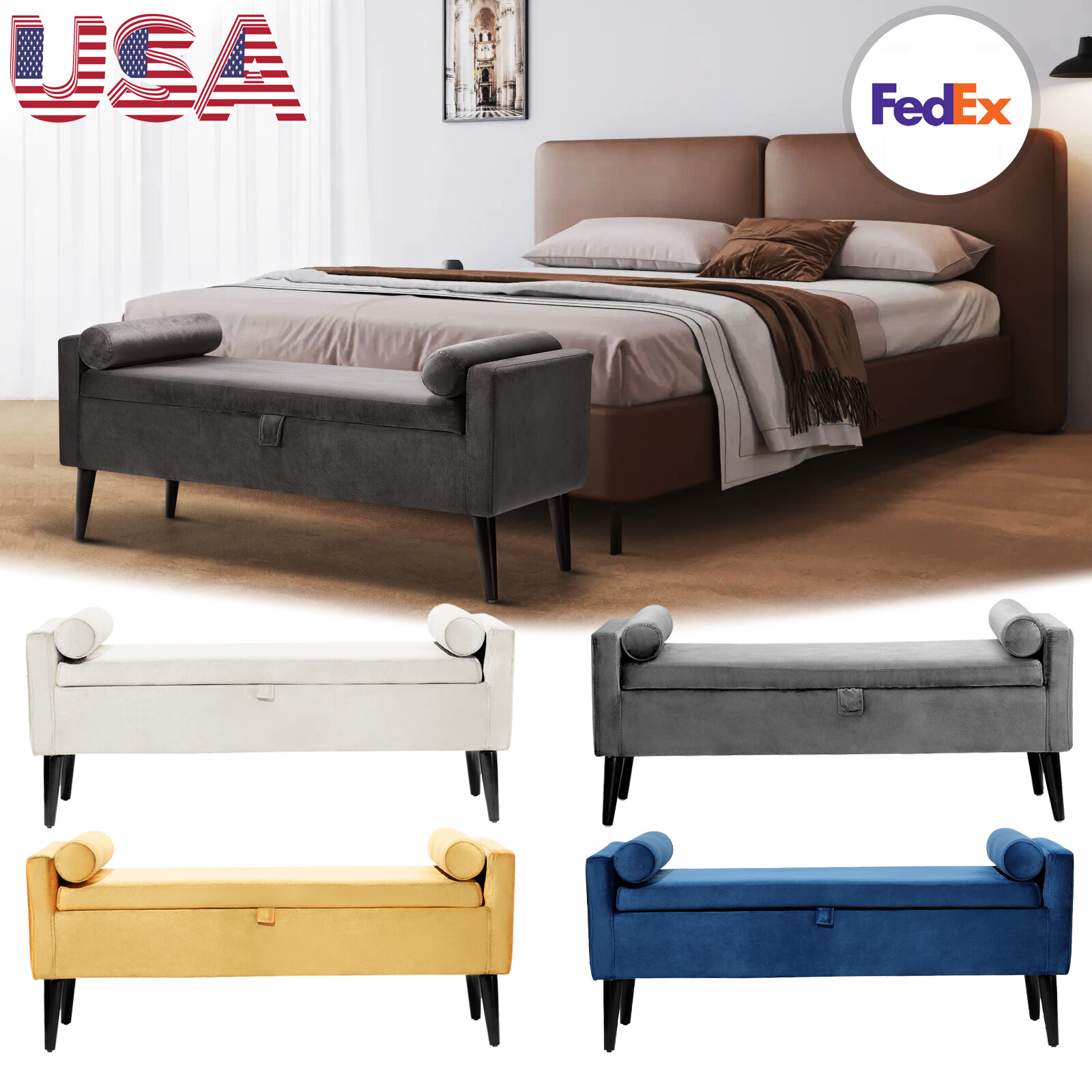 47" Upholstered Storage Ottoman Bedroom Velvet Bench End of Bed + 2PCS Pillows