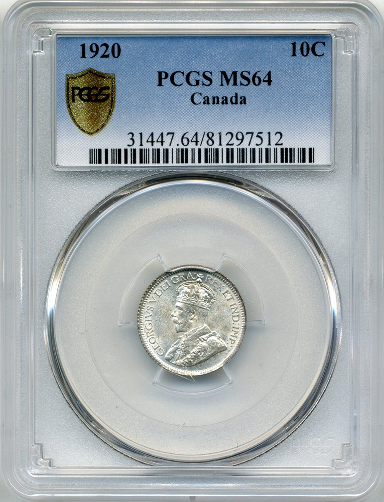 1920 Canada 10 Cent - Choice Uncirculated, PCGS MS64
