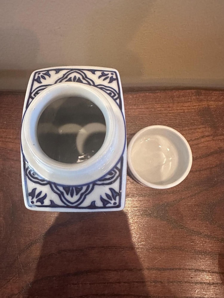 Blue and White Patterned Square Ginger Jar