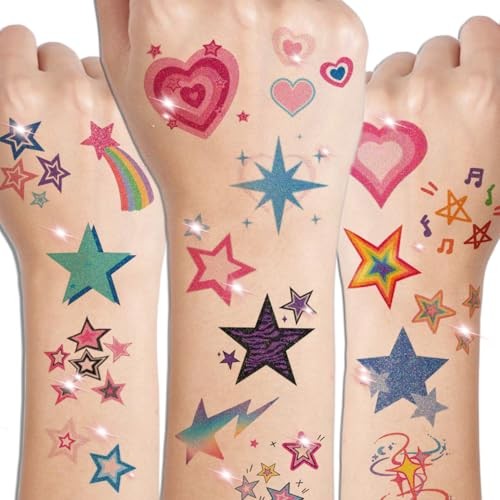 Glitter Stars Temporary Tattoos for Kids - 74 Individually Sheets | Waterproof