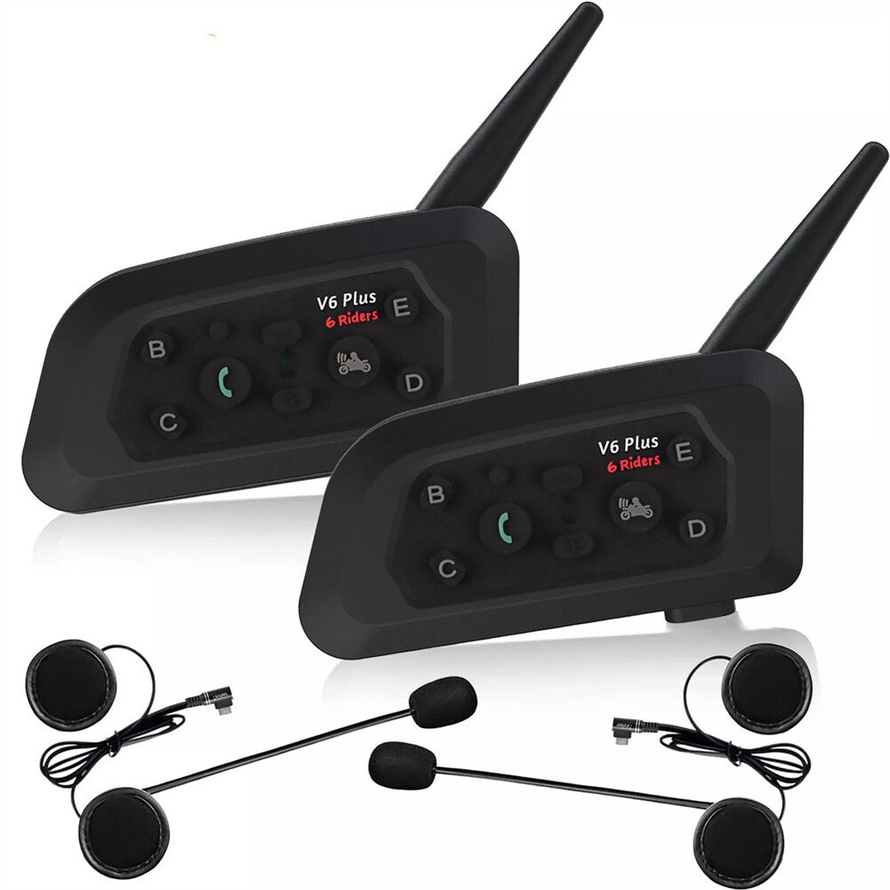 2x V6 Plus Bluetooth Motorcycle Intercom Helmet Headset 6 Riders 800m Interphone