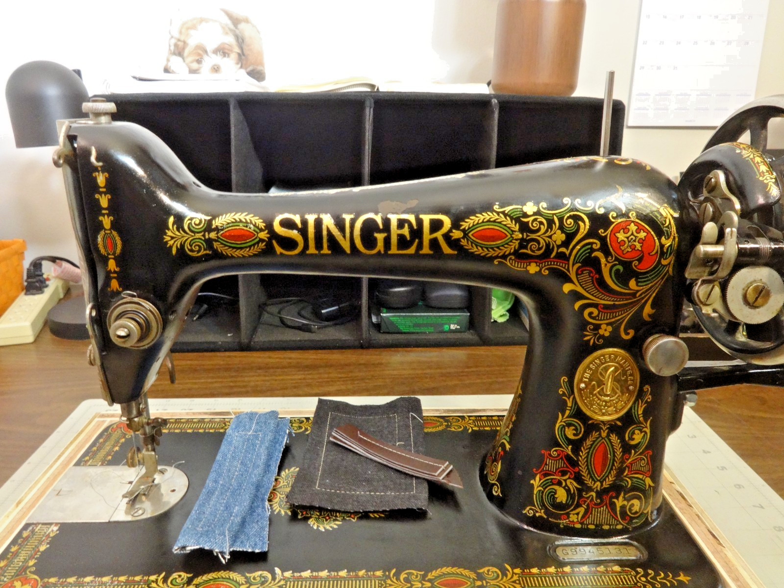 SERVICED - 1923 SINGER 66 REDEYE Sewing Machine w/Hand Crank - Leather, Denim