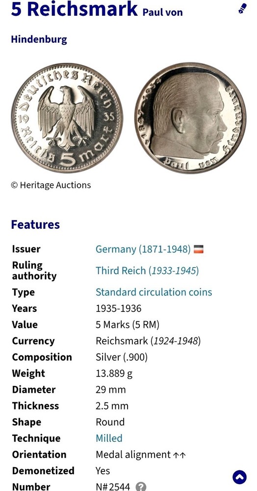 1936 5 Marks German Third Empire Pau Von Hindenburg.Silver.Circulated