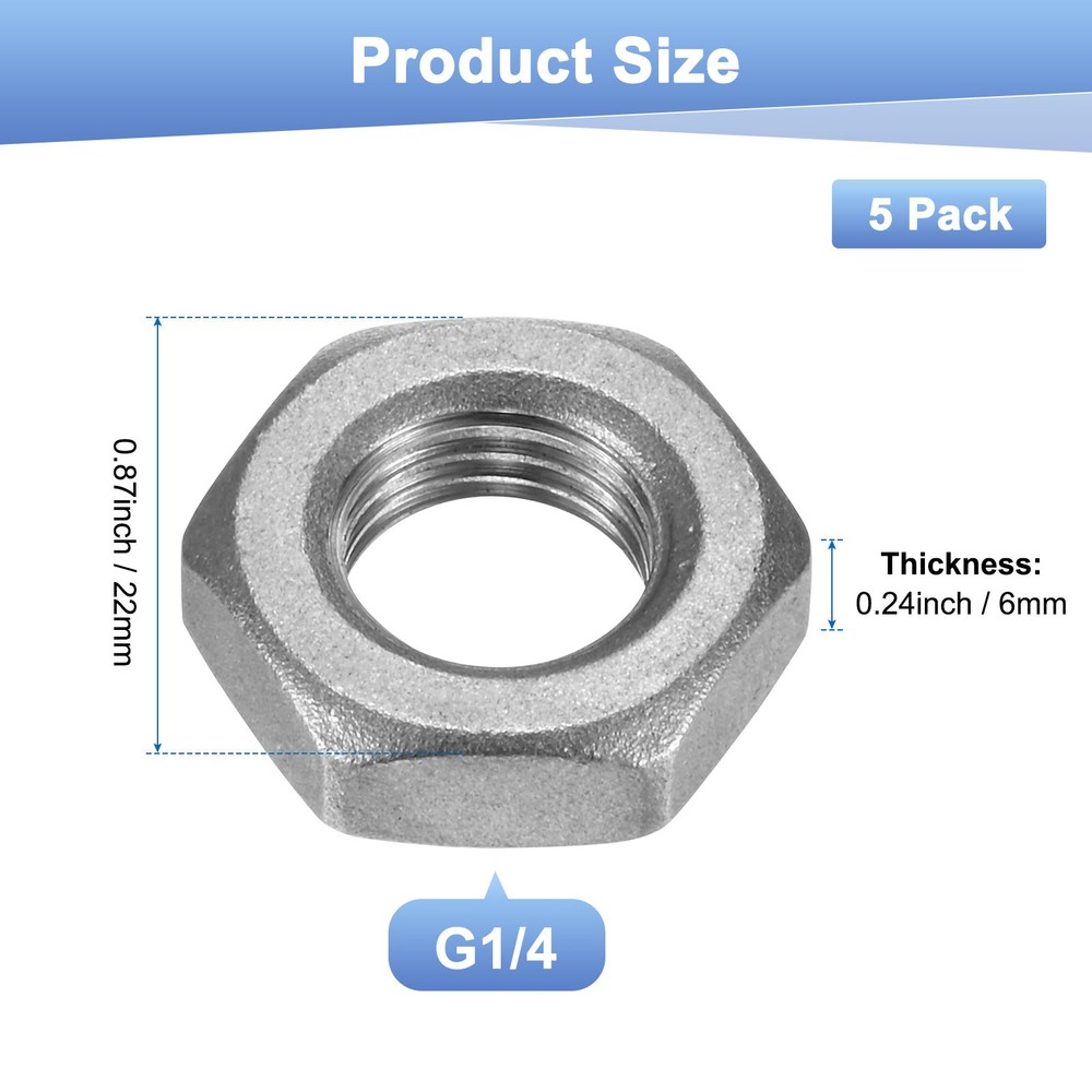 5-Pack Cast Pipe Fitting Hex Locknut, G1/4 Female Thread Hex Locking Nut