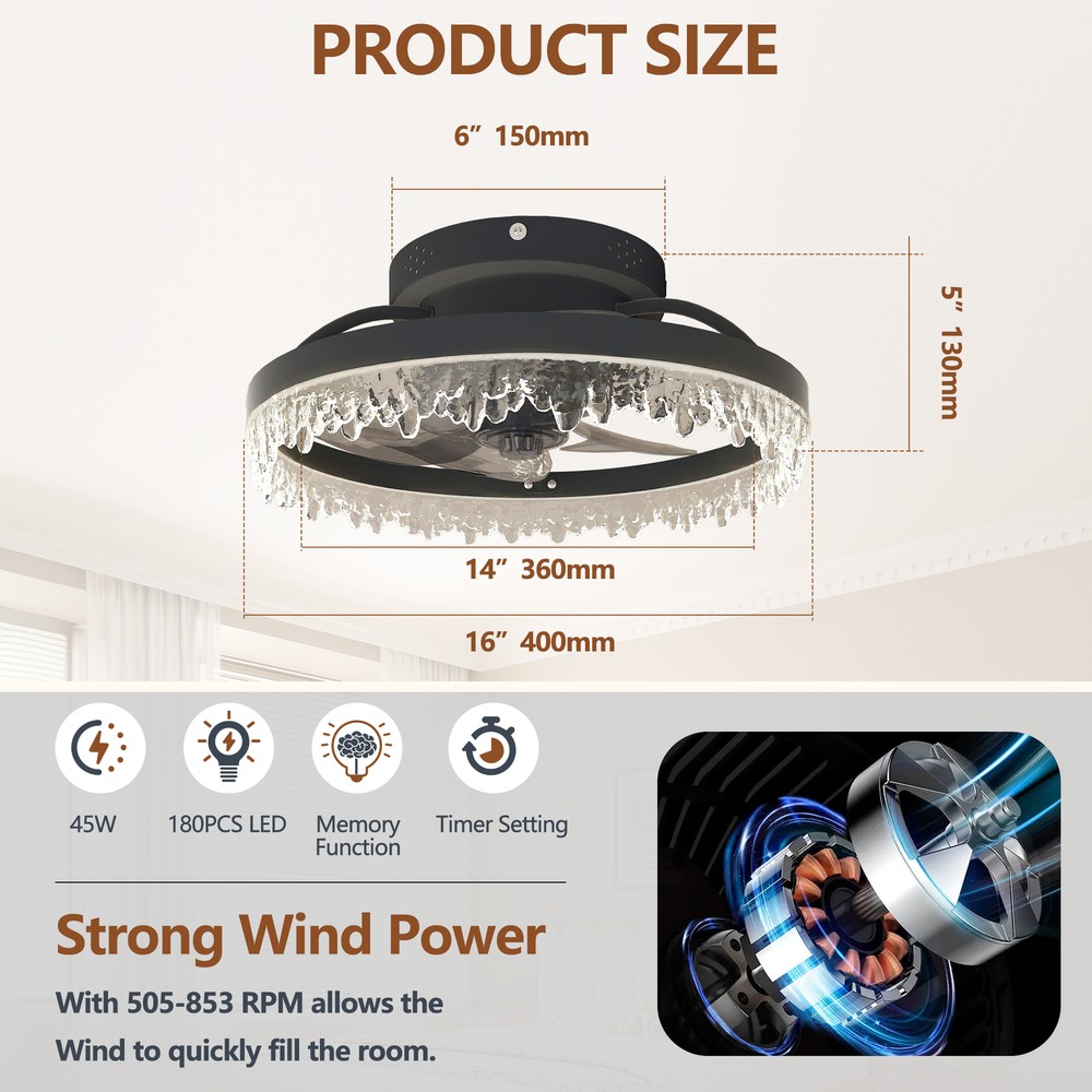 16" Modern Fan Light Flush Mount LED Ceiling Fixture kit With APP Remote Control