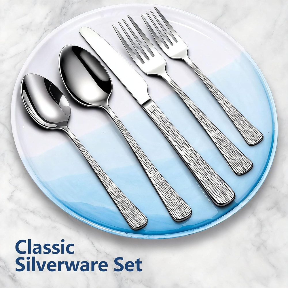60-Piece Hammered Silverware Set for 12 Stainless Steel Flatware Tree Pattern ..