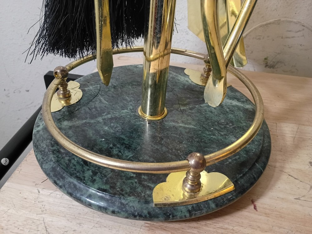 Vintage Green Marble and Bright Brass Fireplace Tool Set **EUC