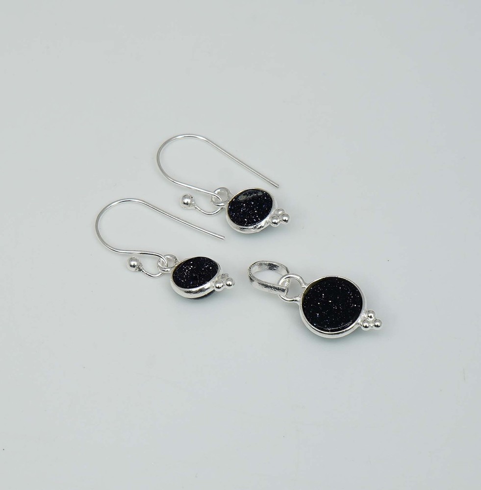 925 Solid Sterling Silver Blue Sunstone Hook Earring Pendant Set