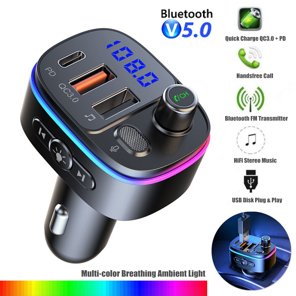 Bluetooth 5.0 Car Wireless FM Transmitter Adapter Handsfree QC3.0 USB PD Charger