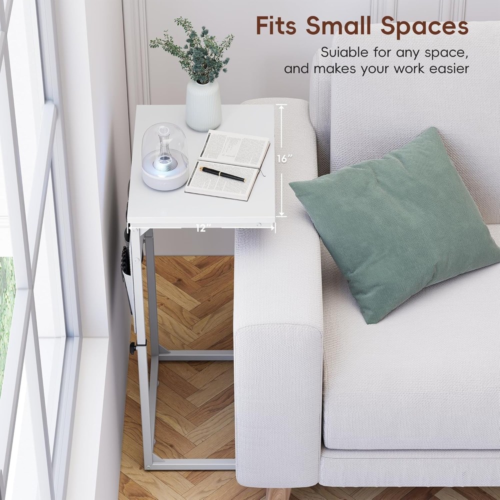 C Shaped End Table W/ Charging Station Adjustable Height Side Table Couch Sofa