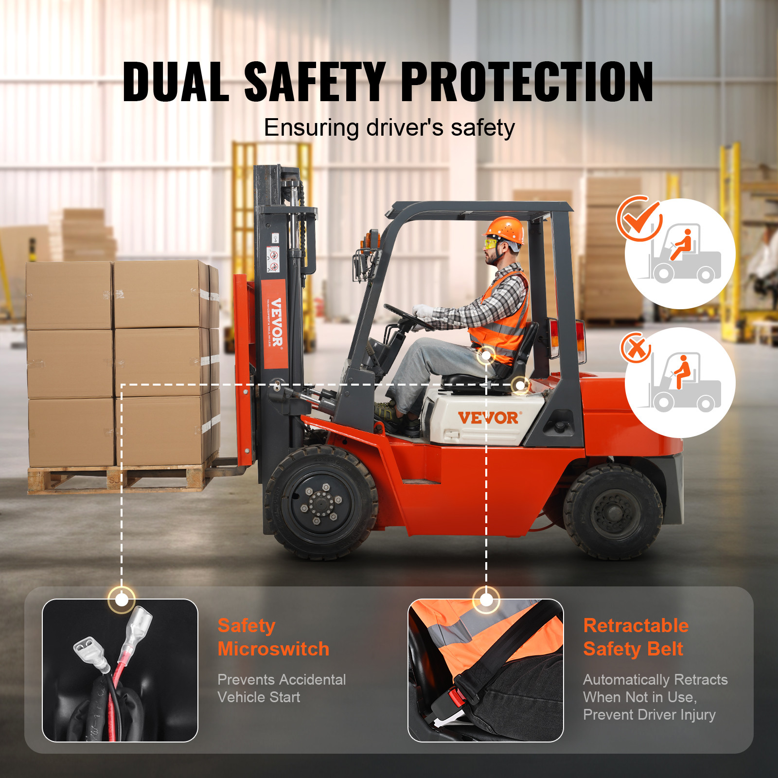 VEVOR Universal Forklift Seat Fold Down Forklift Seat Adjustable Back & Seatbelt