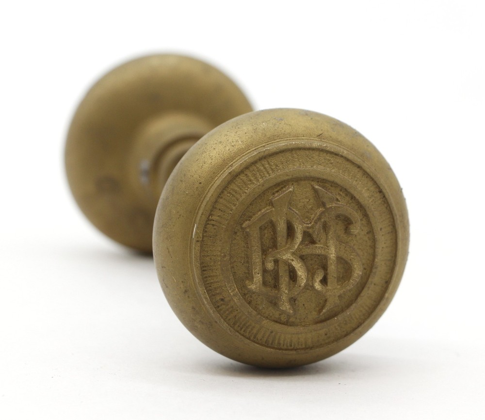 Pair of Antique BHS Emblematic Brass Door Knobs