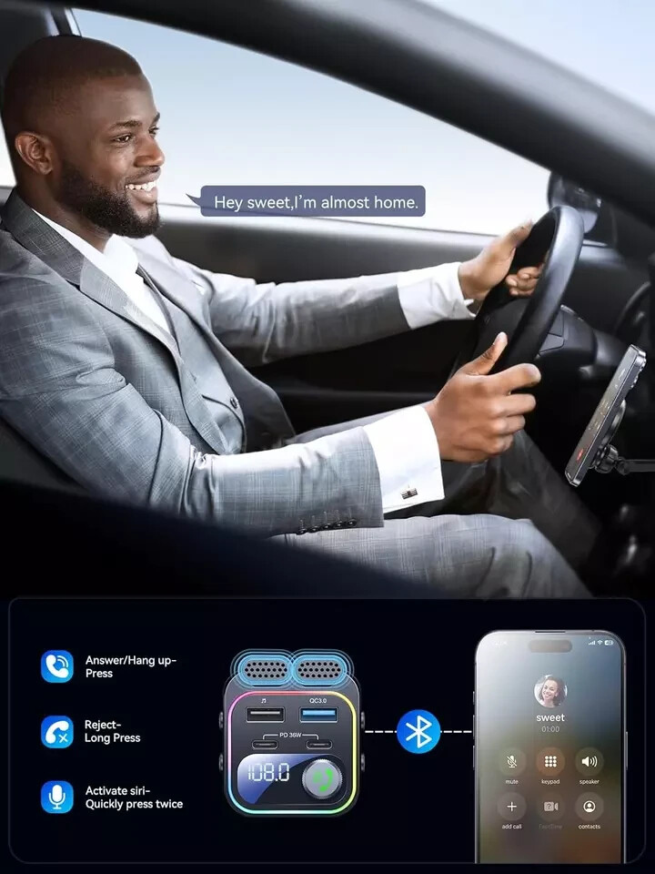 60W Bluetooth 5.4 FM Transmitter Car Adapter [Reinforced Dual Mics & Deep Bass]