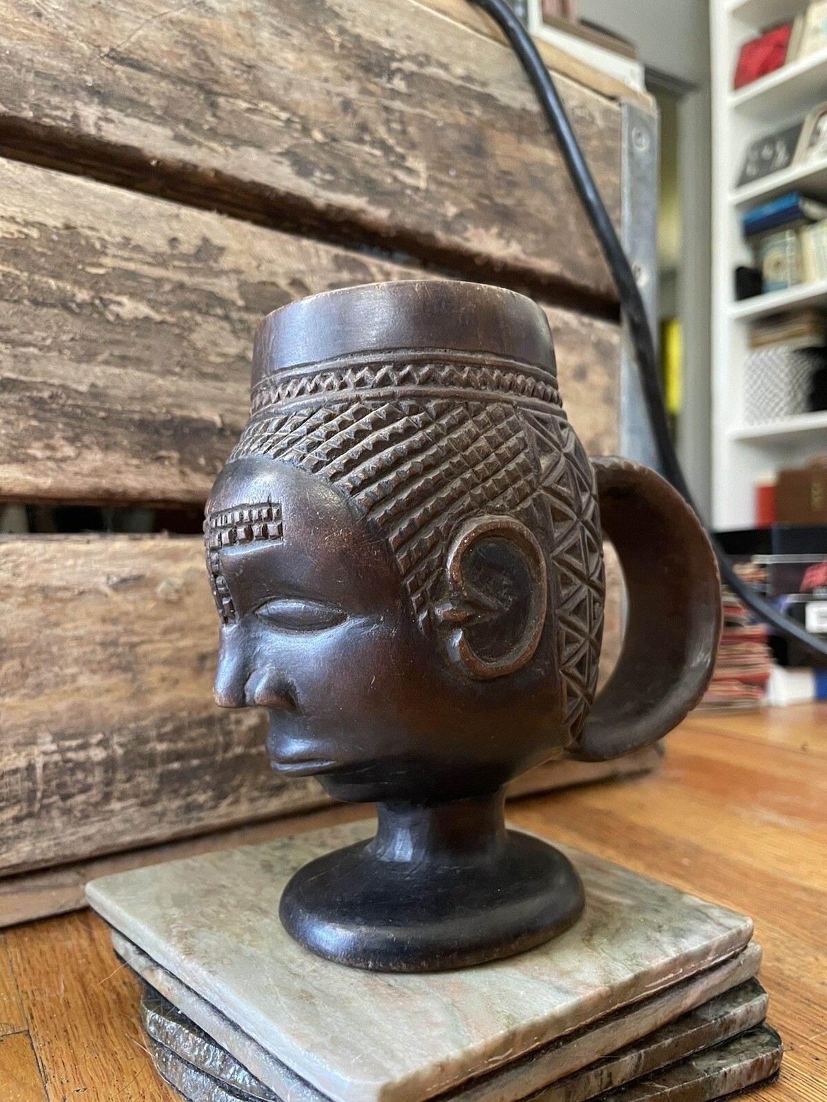 Vintage / Antique African Kuba Cup Wood Carved Palm Wine DRC Ceremonial Signed!
