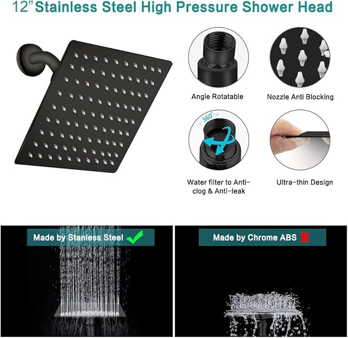 Matte Black 12 Inch Adjustable 3-Modes Rainfall Shower Spray Head Combo