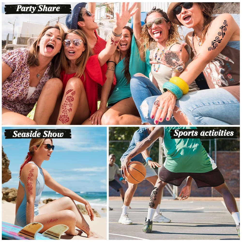 Temporary Stencils Tattoos Multiple Sizes, 4P-Red1 Black2 Maroon1