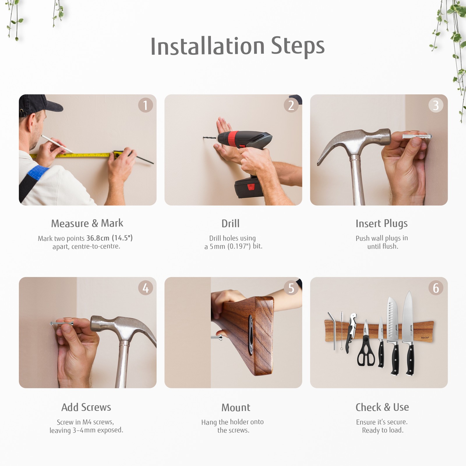 16in Magnetic Knife Strip Solid Wood Knife Organizer Rack Strong Magnets forWall