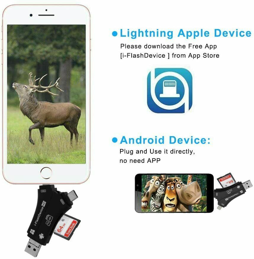 4 in 1 USB Micro SD TF Memory Card Reader Adapter For iPhone Android PC