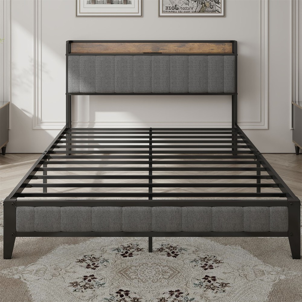 Full Size Bed Frame with Upholstered Headboard Metal Platform Bed w/ Outlets