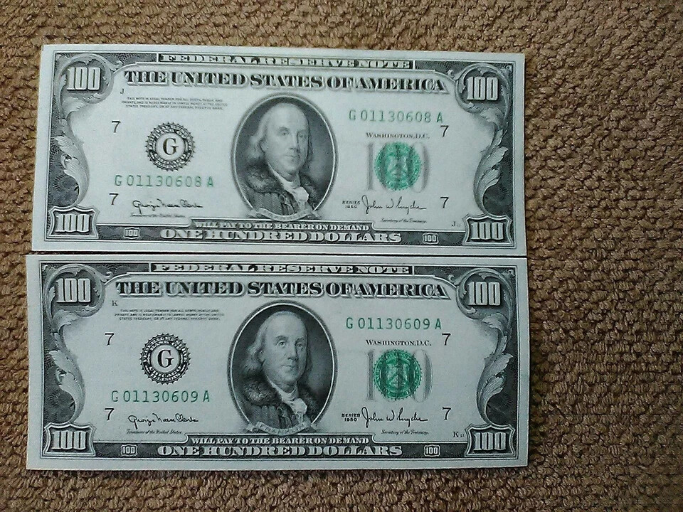 RARE 1950 $100 ONE HUNDRED DOLLAR CONSECUTIVE PAIR NOTES,AU++/UNC,75TH B.D. GIFT