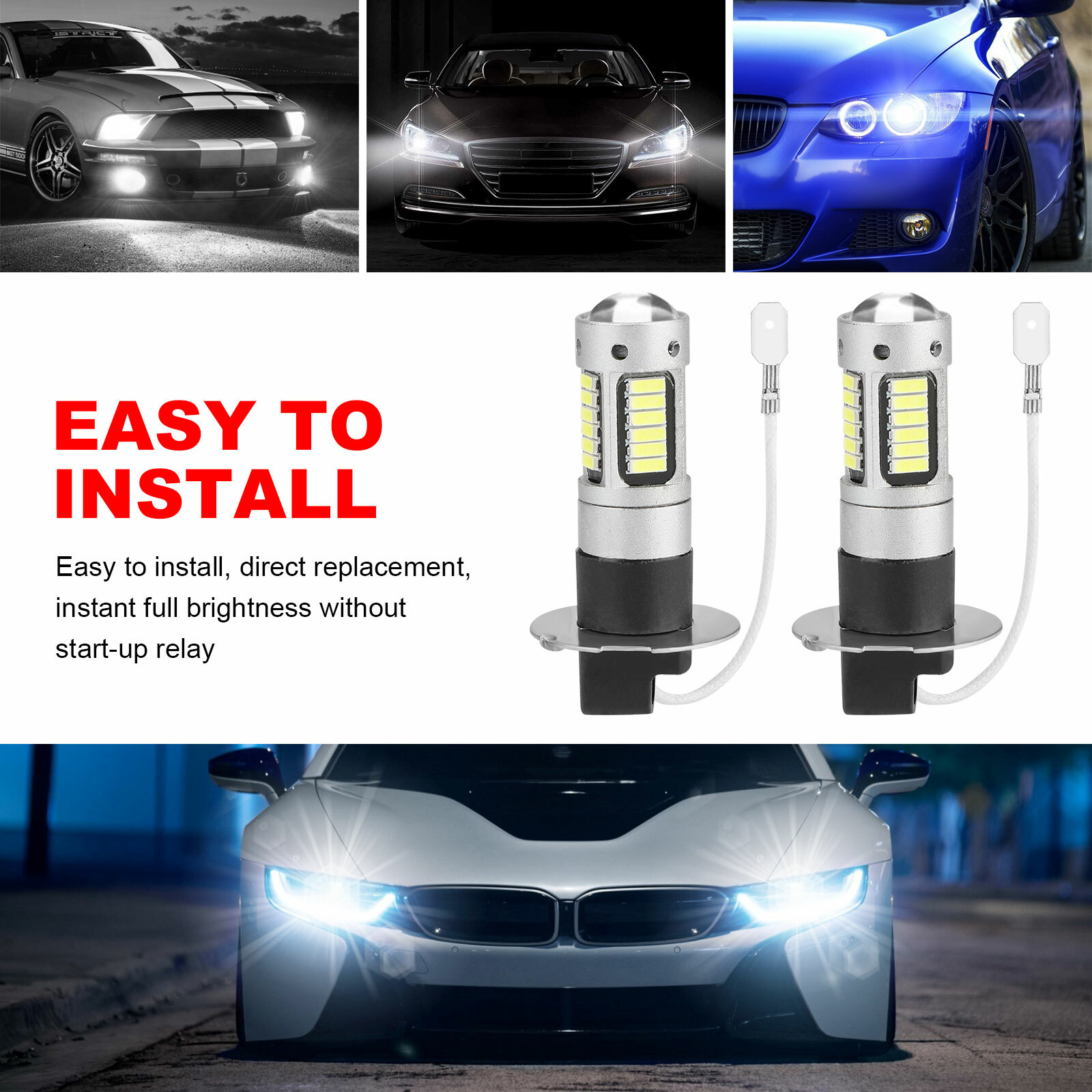 2PCS H3 LED Fog Driving Light Bulbs Conversion Kit Super Bright DRL 6000K White