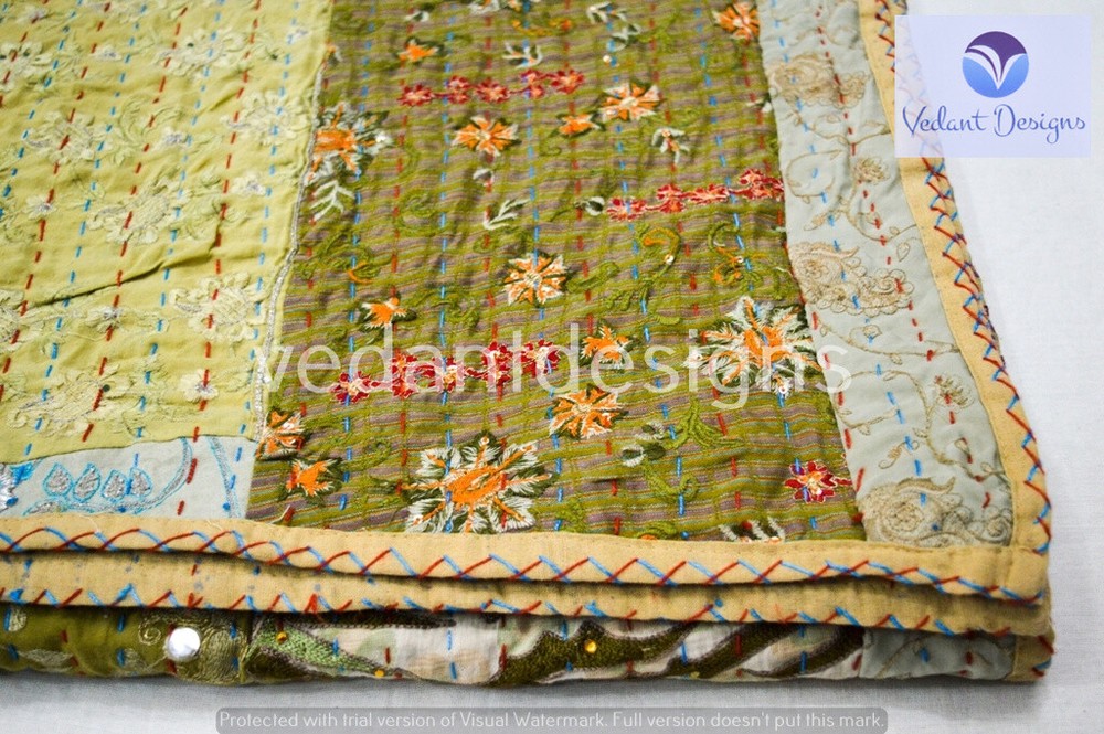 Indian Reversible Patchwork Kantha Quilt Multicolor Queen Blanket Throw Art