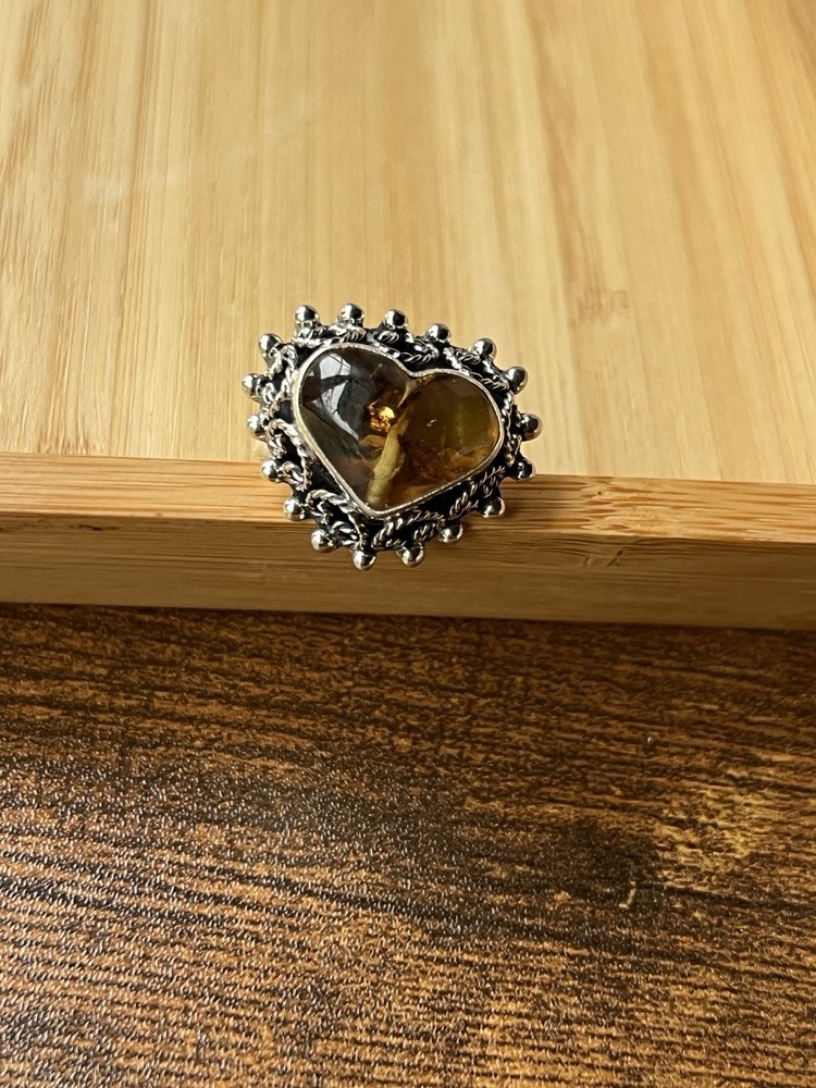 Amber Heart Ring 925 Sterling Silver Adjustable Artisan Statement