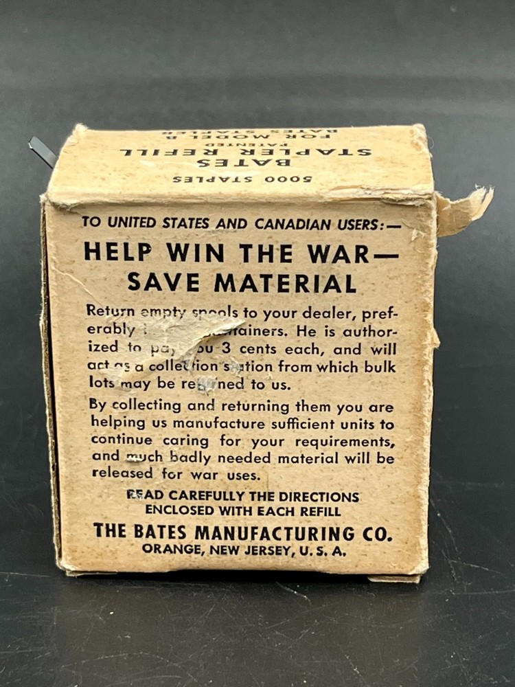 WWII Bates Model B Stapler Refill "HELP WIN THE WAR-SAVE MATERIAL"