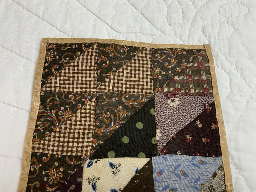 Antique Patchwork Quilt Table Topper, Nine Patch, Triangle, Early Calicos, Brown