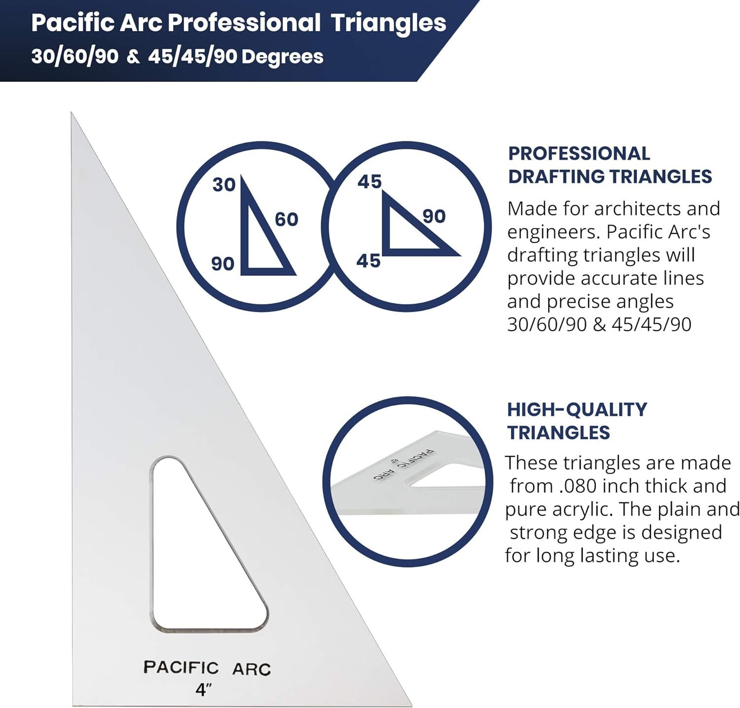 Pacific Arc Drafting Triangle, 12-inch, 30/60/90 Degrees, Clear Acrylic