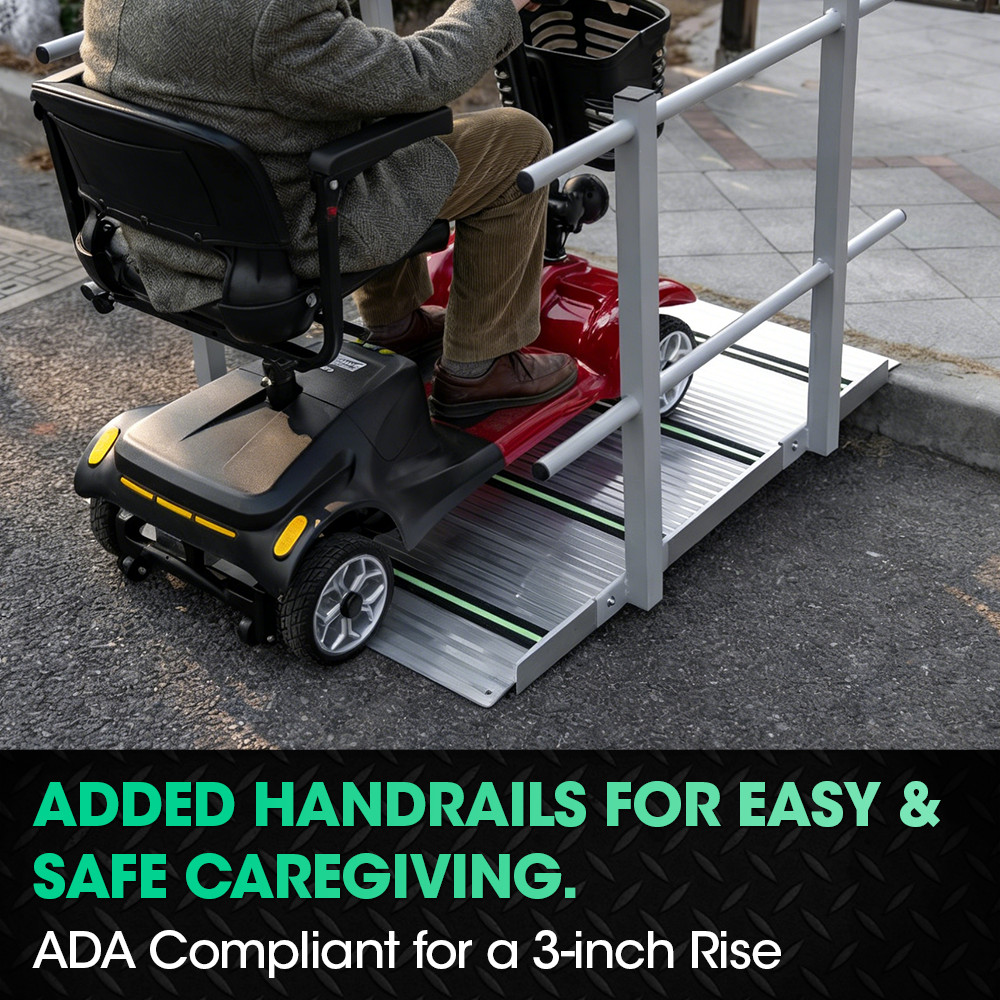 3FT Wheelchair Ramp with Handrails 36" Extra Wide Aluminum Threshold Ramp 800lbs