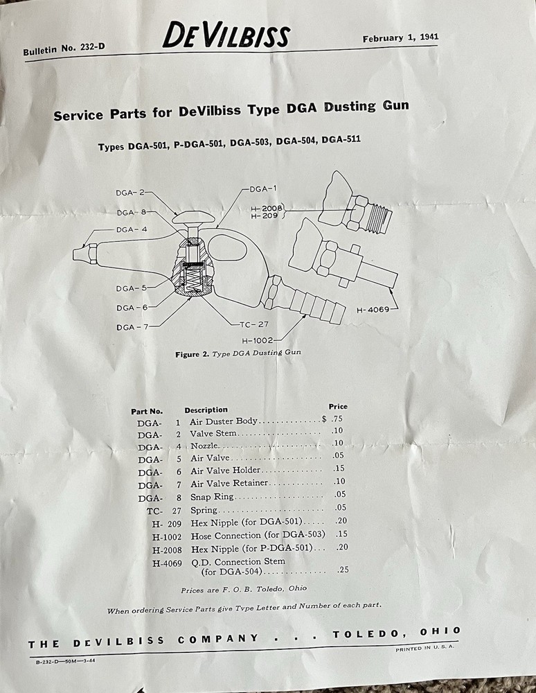 1941 DeVilbiss Dusting Gun Data Sheets WW2 Clean To Paint Boeing Airplanes