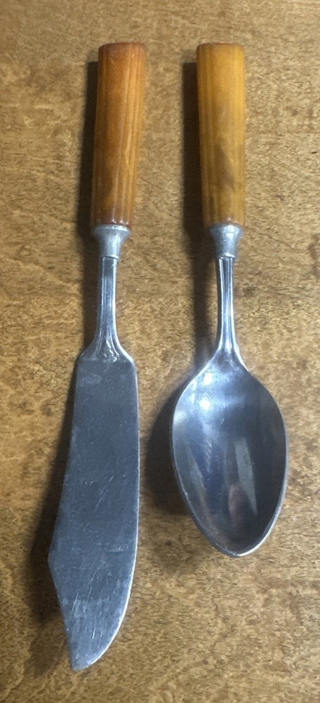 Vintage Bakelite Spoon & Spreader Butterscotch Flatware Silverware Stainless