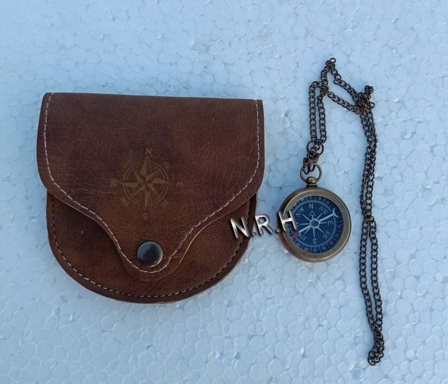 Brass Compass with Leather Case and Chain Locket Navigation