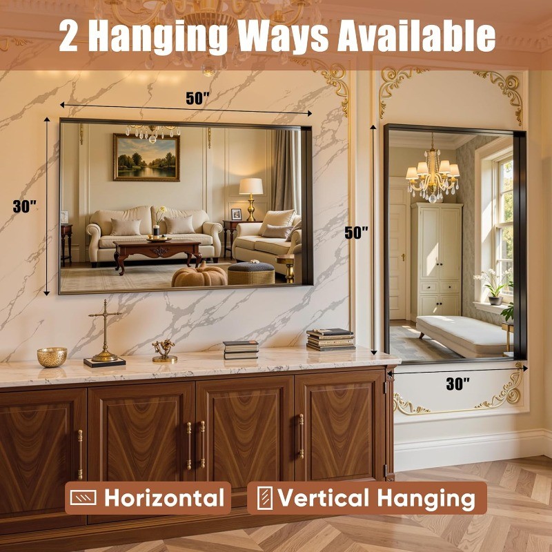 50"x30" Black Framed Bathroom Mirror, Large Rectangular Vanity Mirror