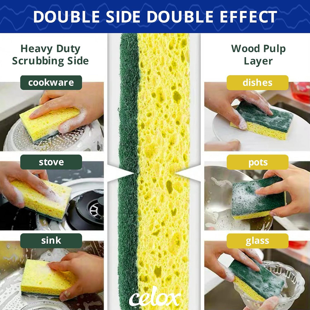12 Pack Dish Sponge for Kitchen, Dual Sided Scrub Heavy Duty, Non Scratch Spo...
