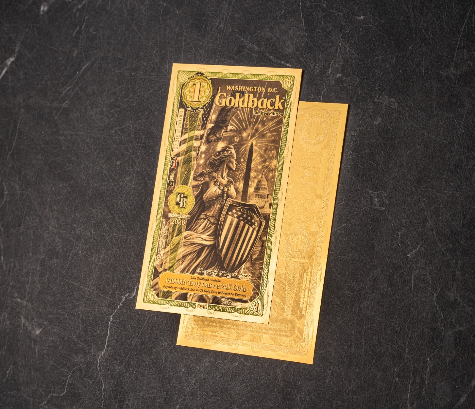 1 WASHINGTON DC Goldback Aurum Gold Foil Note 1/1000 oz 24kt .999 Fine GOLD PRES
