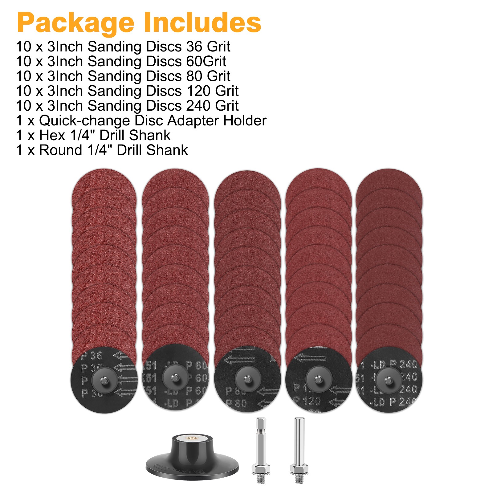 53x 3" Sanding Disc Roll Lock Quick Change Disc 36/60/80/120/240 Grit 1/4" Shank