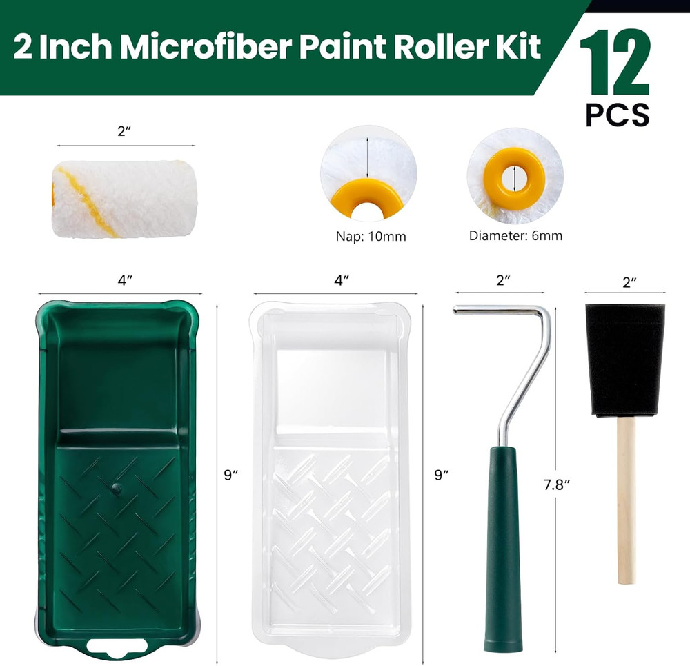 Paint Roller Kit, 12 Pack, 2 Inch Mini Paint Rollers, Small Paint Tray Liners, M