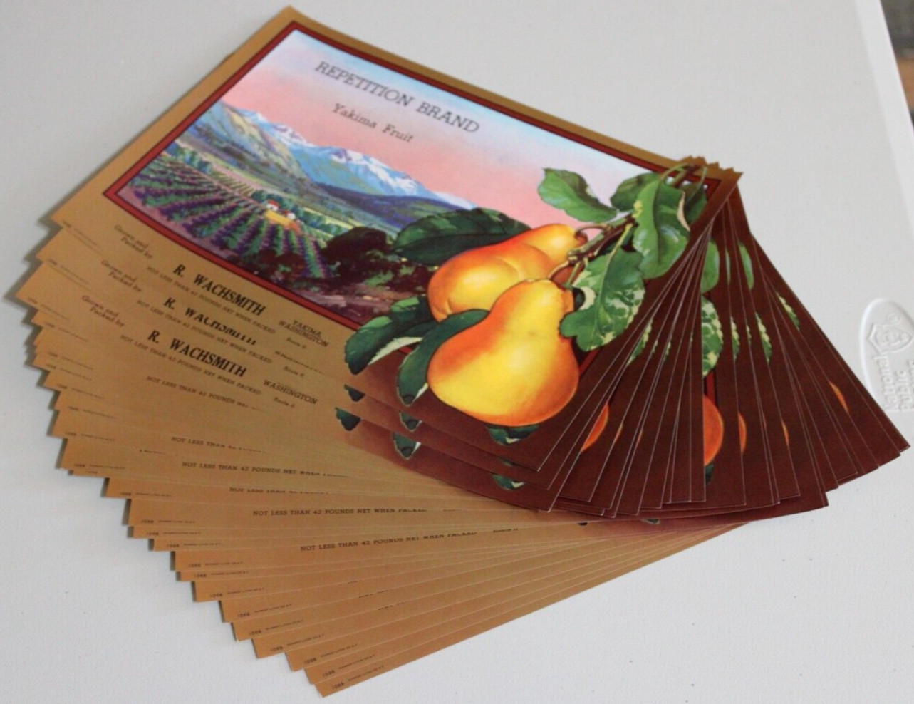 Original 25 REPETITION pear crate labels Wachsmith Yakima Washington - wholesale
