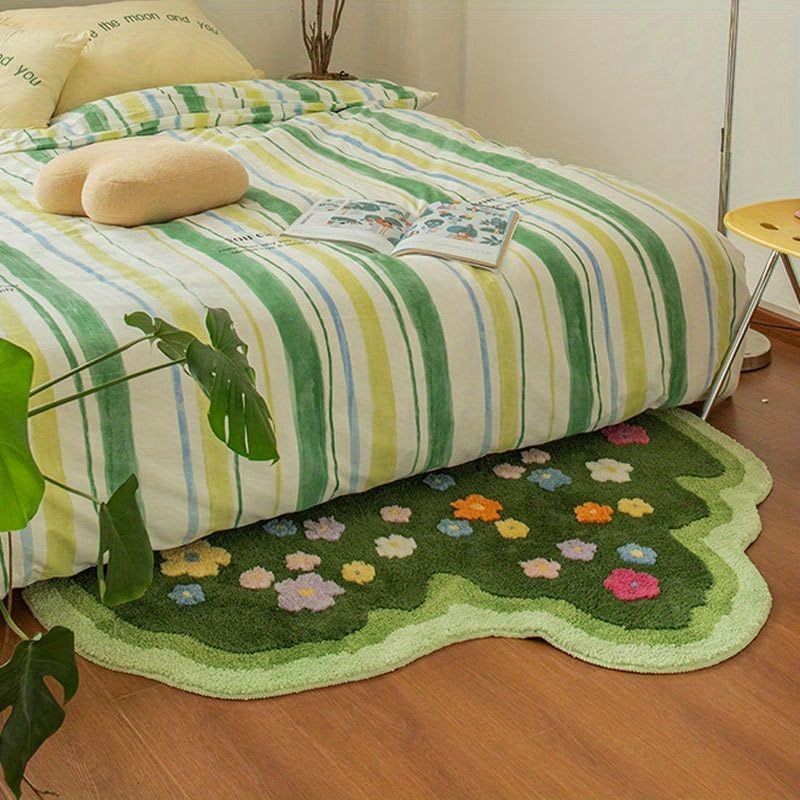 Cute Green Moss Bathroom Runner Rug Long Rectangular Boho Aesthetic Leaf Leaves