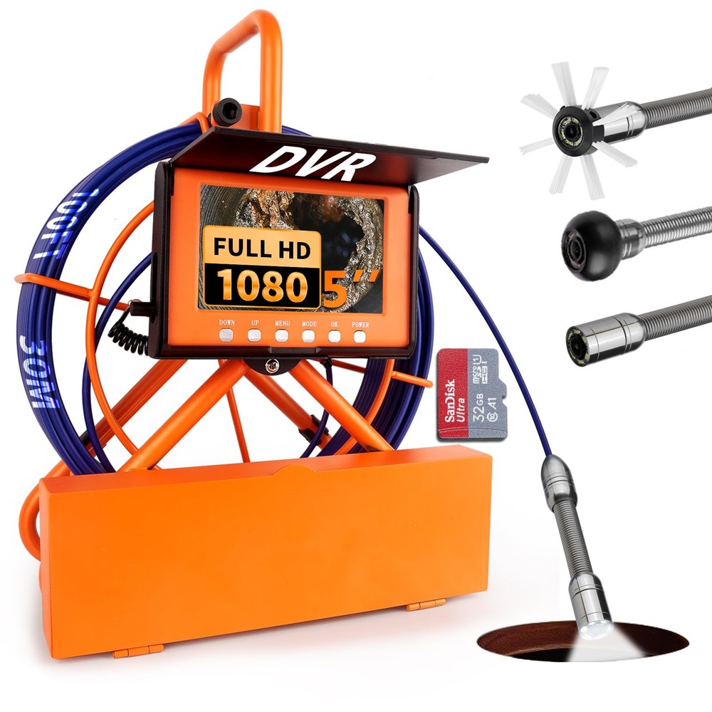 Sewer Camera 100FT/30M Pipe Inspection Borescope Endoscope Camera with Light ...