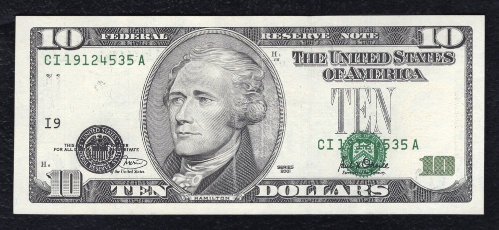 2001 $10 FRN FEDERAL RESERVE NOTE “OVERPRINT MISALIGNMENT ERROR” ABOUT UNC