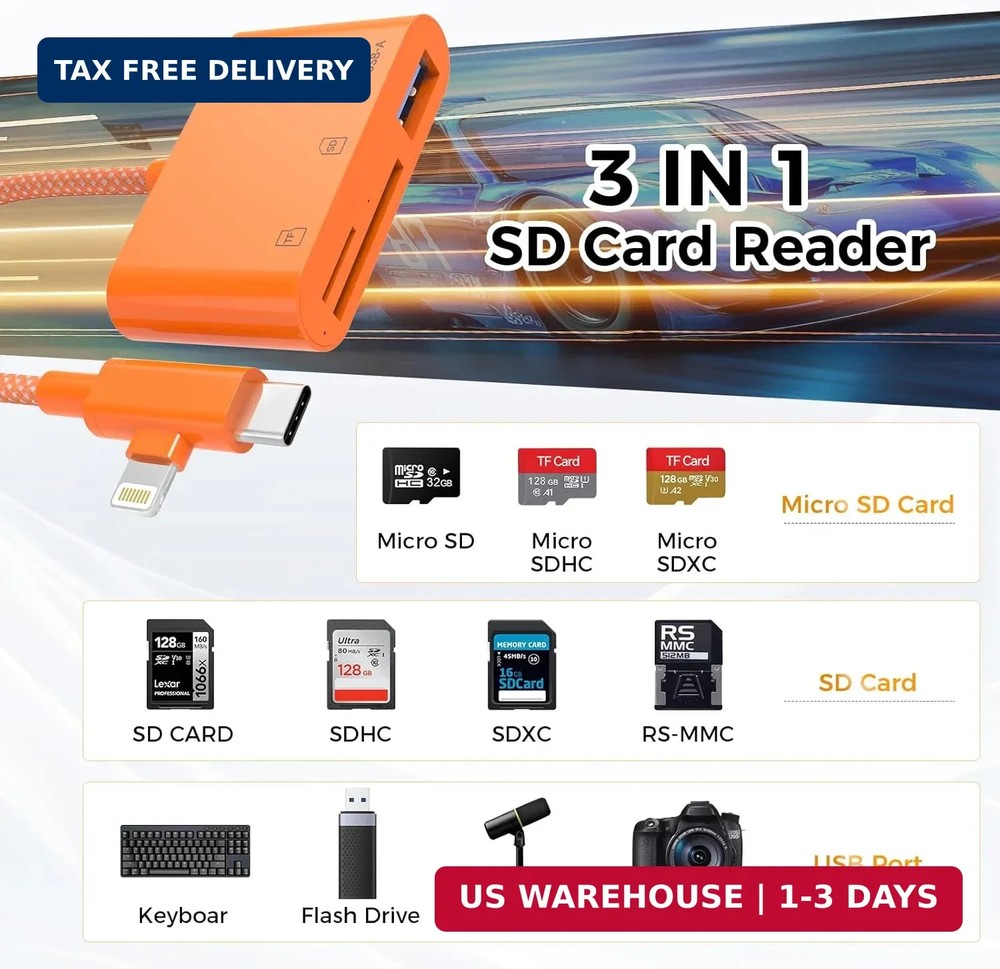 SD Card Reader for iPhone iPad, Lightning & USB C Dual Connectors, 3 in 1 Memory