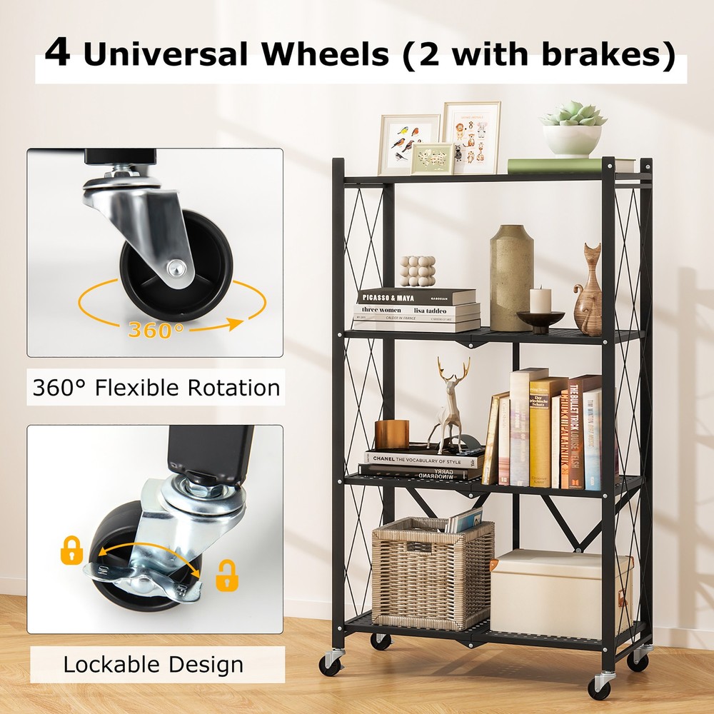 2PCS 4-tier Foldable Storage Shelving Unit w/4 Universal Wheels for Kitchen