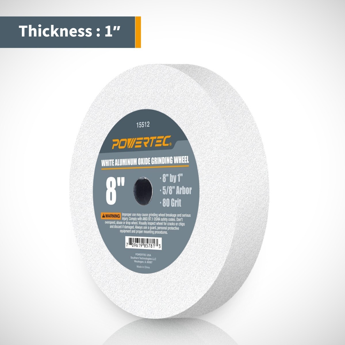 POWERTEC 8 x 1 in, Bench Grinding Wheel, 80 Grit, 5/8" Arbor, Aluminum Oxide