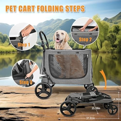 Extra Large Dog Stroller for Large & Medium Dogs, Adjustable Without tray Grey