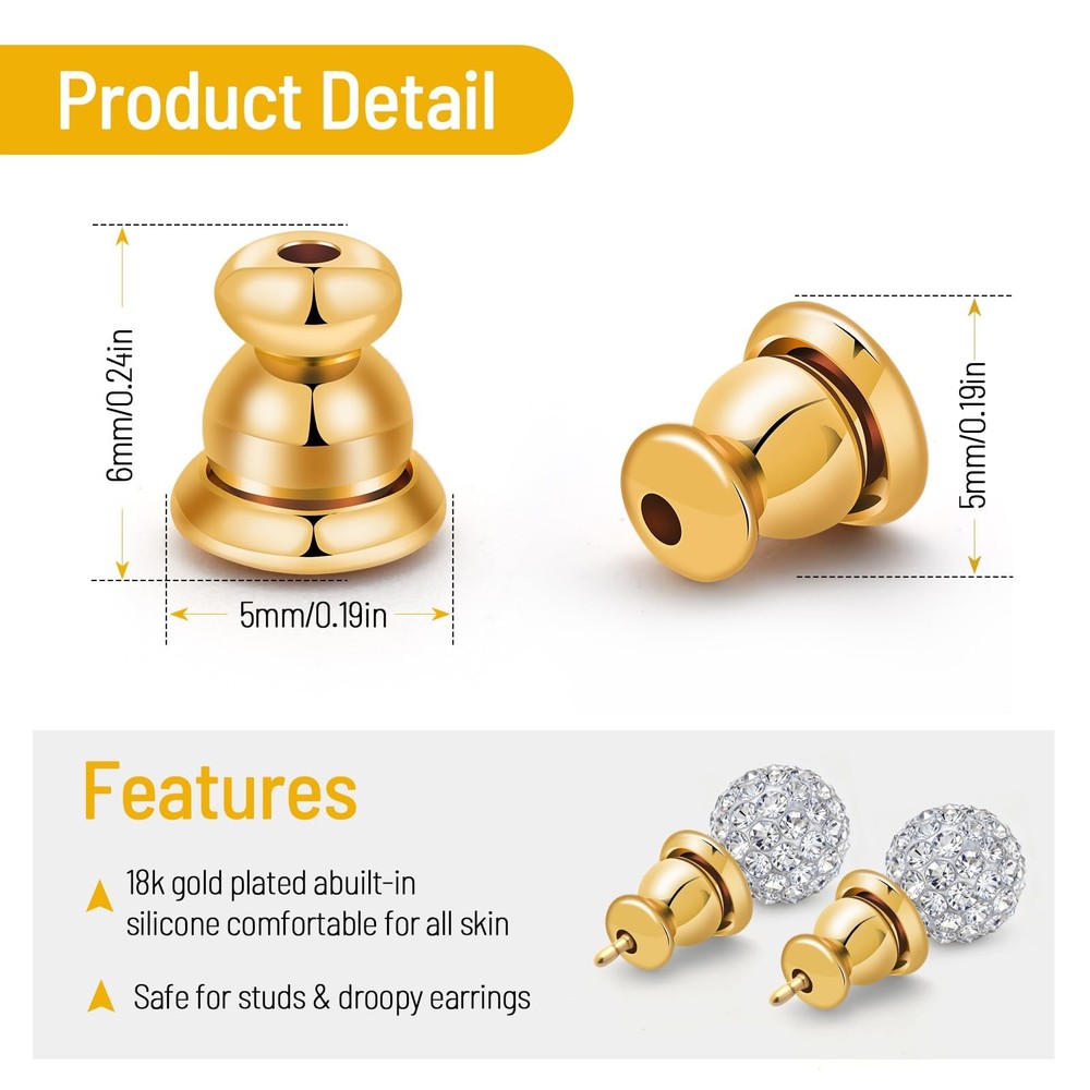 Earring Backs Replacements,Bullet Earring Backs for Studs/Droopy Ears, Secure...