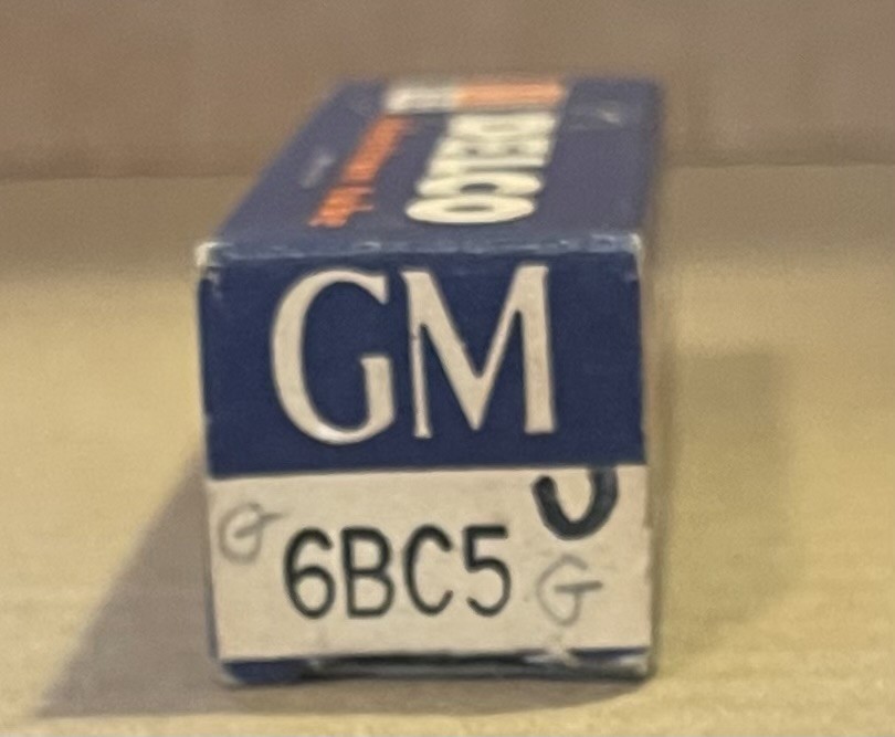 GM DELCO ELECTRON TUBE 6BC5, IN GOOD BOX, TUBE MAY OR MAY NOT WORK, AS IS.