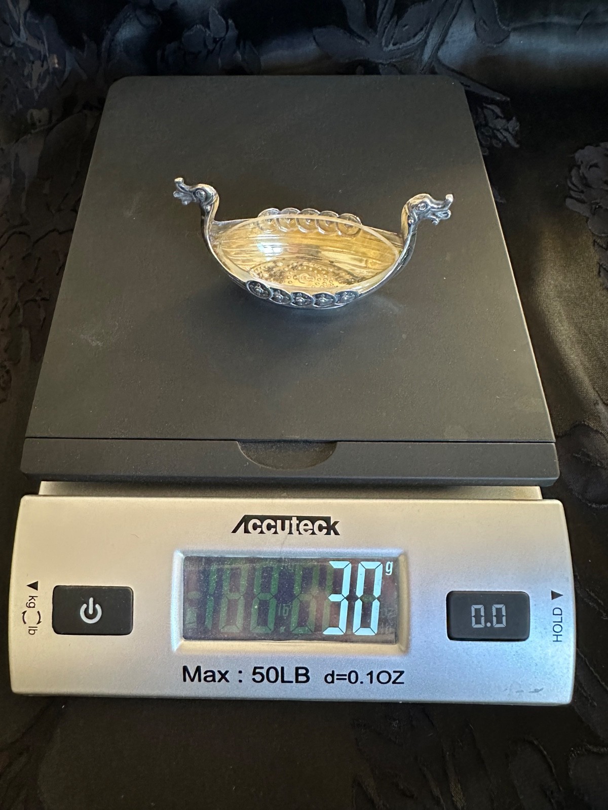 Vintage 925S Sterling Silver Viking Ship Salt Cellar Clear Glass Liner Insert